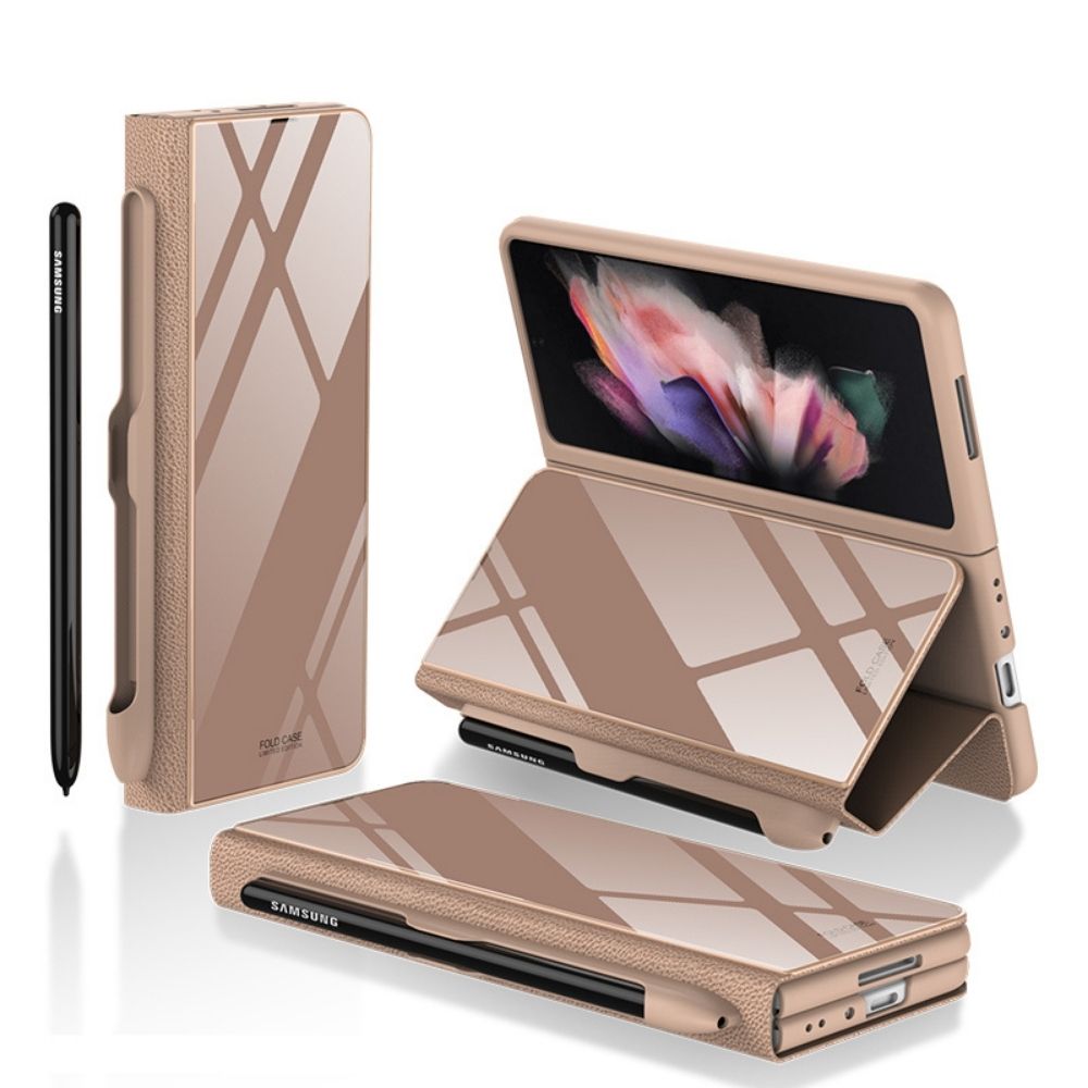 Samsung Galaxy Z Fold 3 Back Cover / Luxury Glass Flip Case With Pen Holder