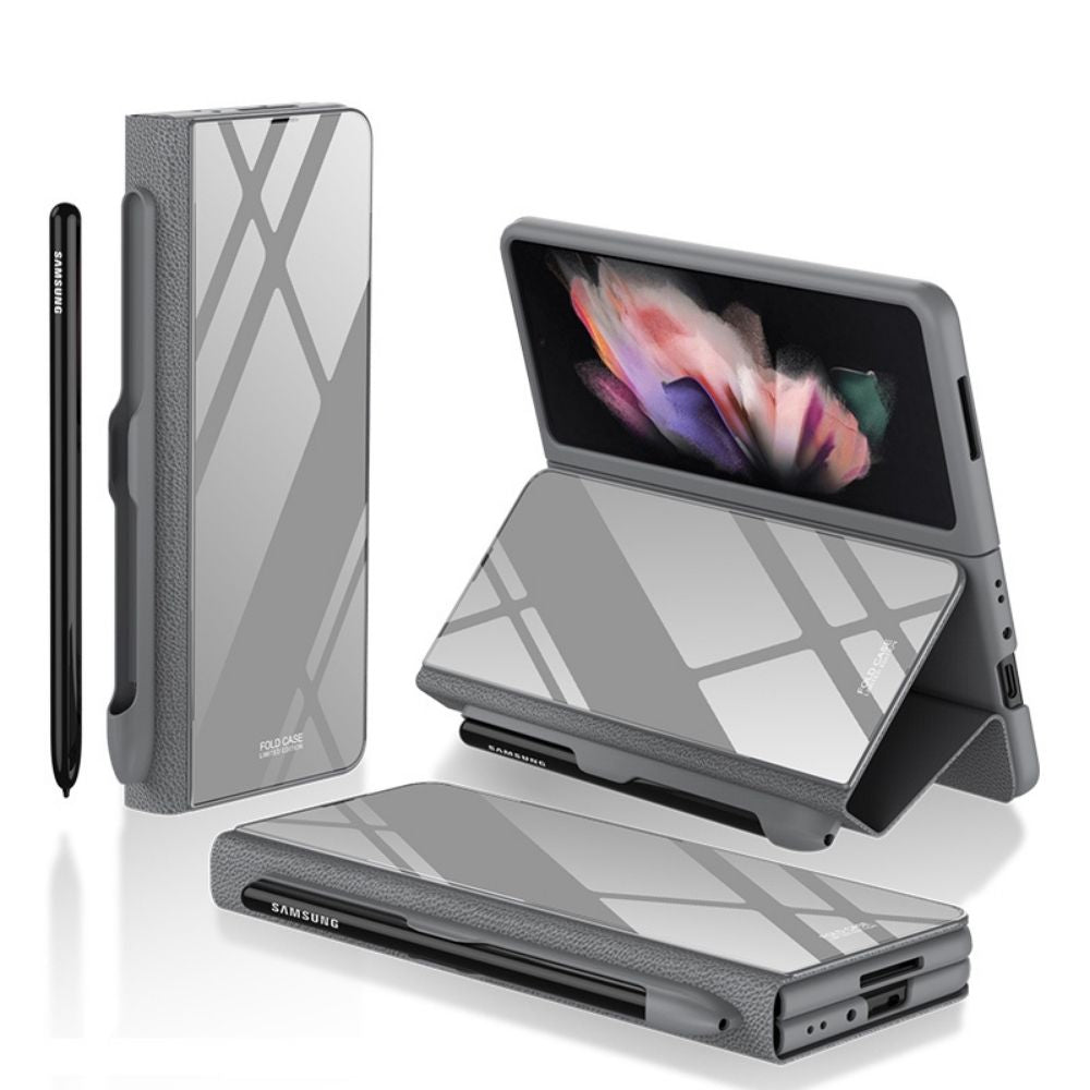 Samsung Galaxy Z Fold 3 Back Cover / Luxury Glass Flip Case With Pen Holder