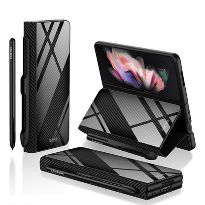 Samsung Galaxy Z Fold 3 Back Cover / Luxury Glass Flip Case With Pen Holder