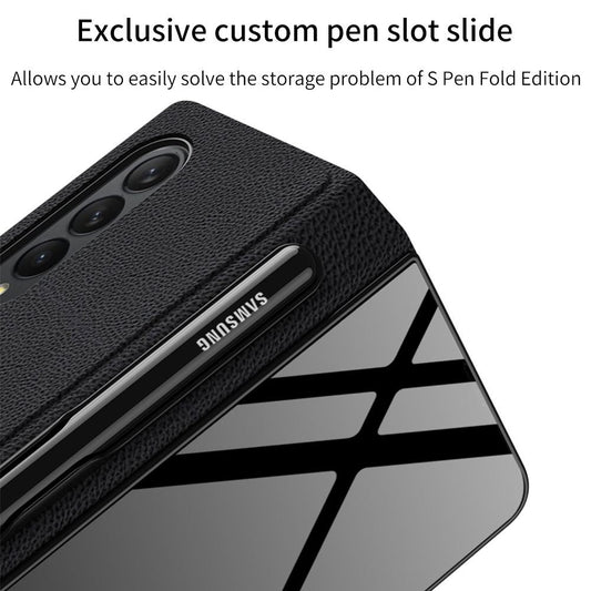 Samsung Galaxy Z Fold 3 Back Cover / Luxury Glass Flip Case With Pen Holder